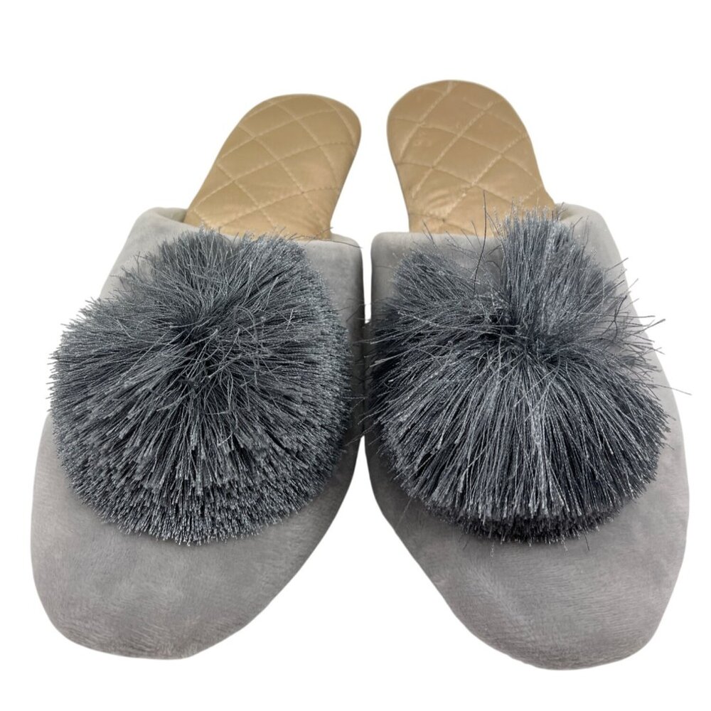 Womens Gray Velvet Quilted Slippers With Faux Fur Pom-Pom & Non-Slip Sole 9-10